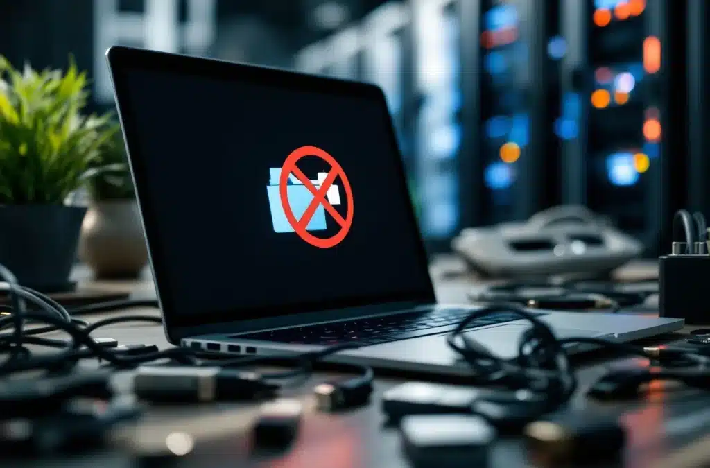 Laptop toont "Access Denied" foutmelding met rood verbodssymbool op bureau met USB-drives en netwerkkabels