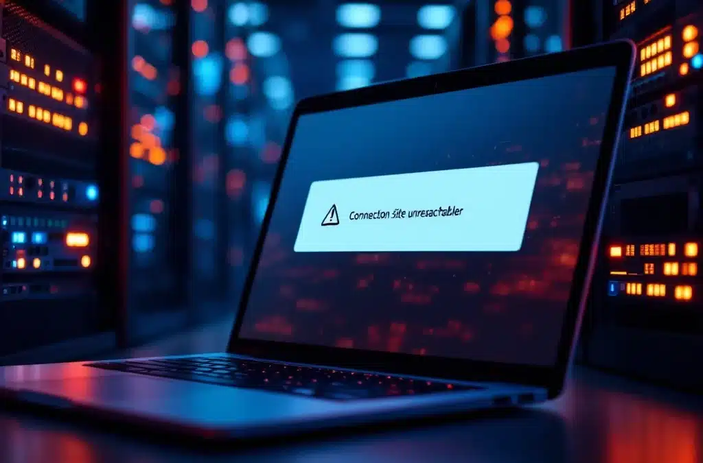 Laptop met verbindingsfout op scherm, omringd door serveruitrusting met oranje waarschuwingslampjes in datacenter