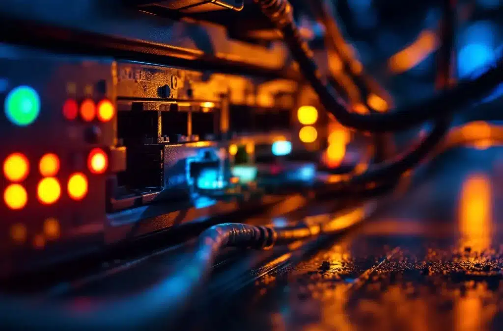 Oude netwerkrouter met knipperende leds en versleten ethernetkabels naast moderne vervangende ICT-apparatuur