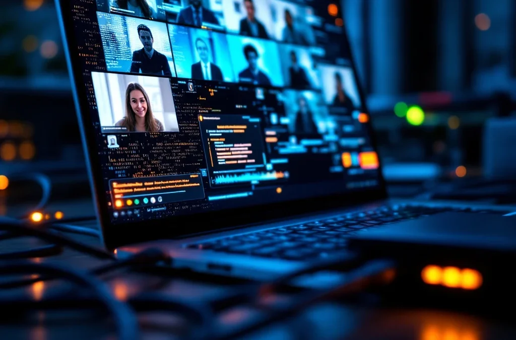 Laptop toont vastgelopen videovergadering met gepixelde deelnemers, buffering-iconen en netwerkfout-waarschuwingen