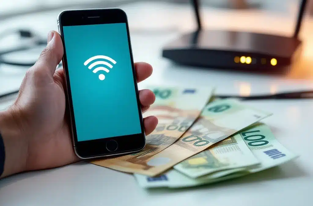 Handen houden smartphone met WiFi-signaal boven uitgewaaierde eurobiljetten, router en internetkabel op bureau