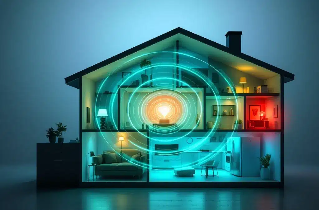 Dwarsdoorsnede woning met WiFi-signaalsterkte: groene golven van router vervagen naar rode zones door muren en obstakels