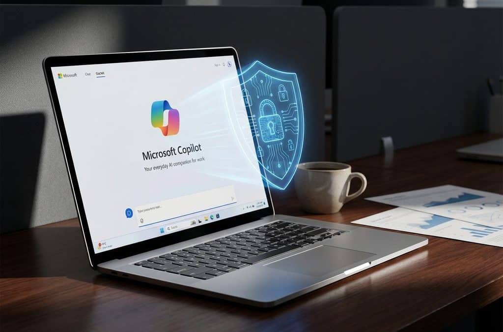 Moderne laptop toont Microsoft Copilot met holografisch beveiligingsschild op zakelijk bureau met documenten