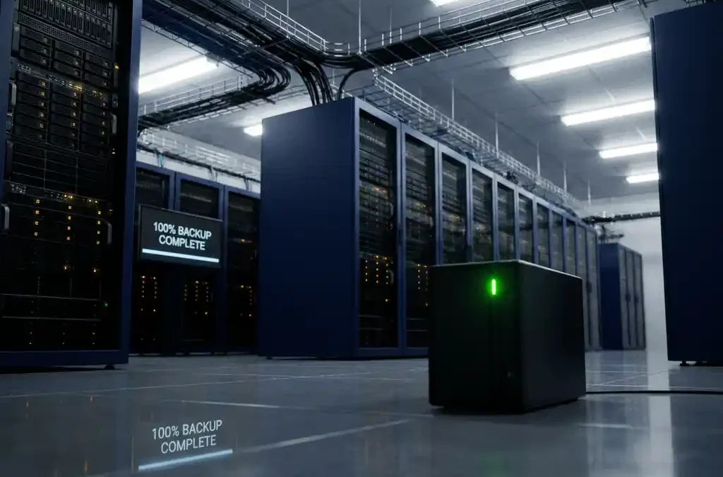 Serverruimte met zwarte servers en backup-eenheid met groene statuslamp, georganiseerde ethernetkabels en digitaal display dat 100% backup voltooiing toont