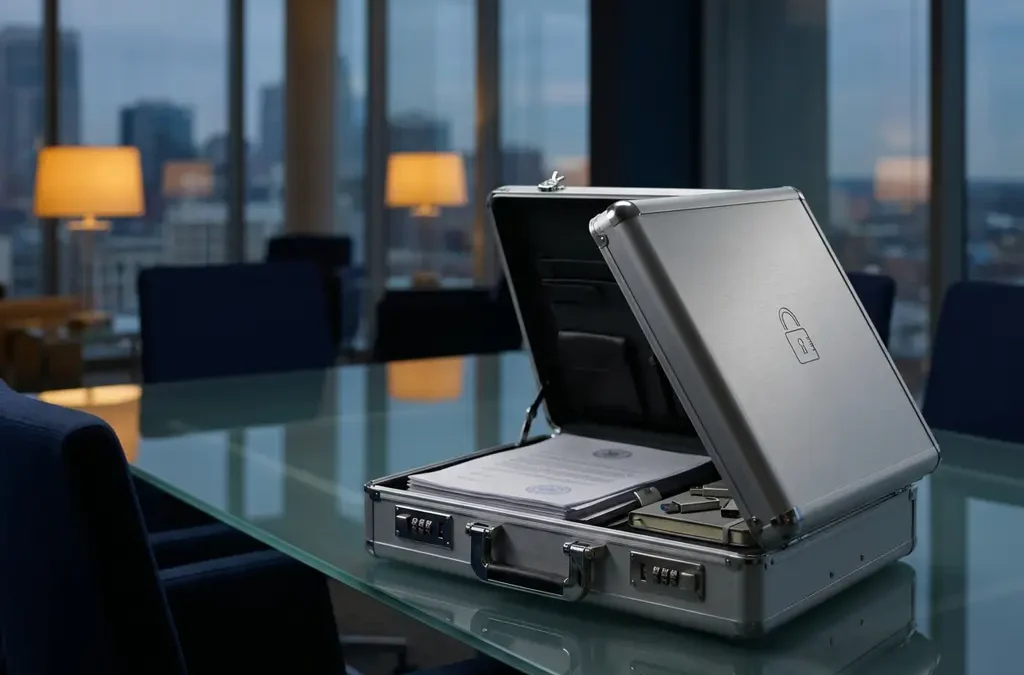 Zilveren aktetas met combinatiesloten op glazen vergadertafel, documenten en USB-drives zichtbaar, kantooromgeving