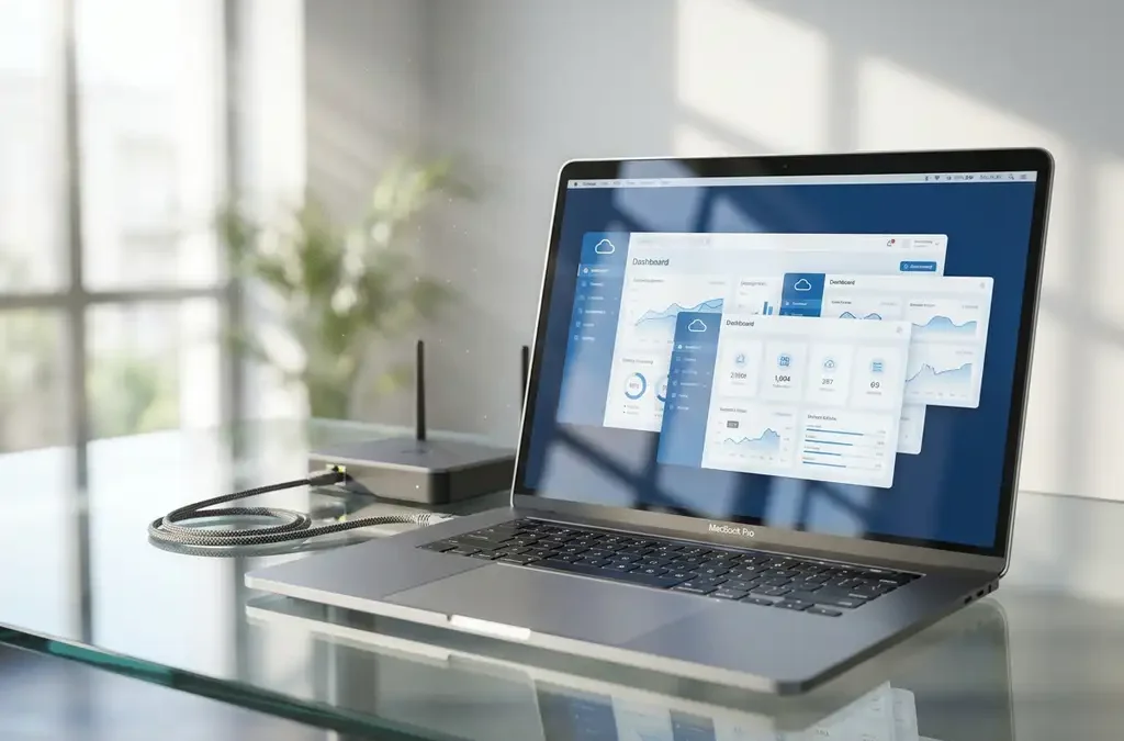 Moderne laptop met cloud-applicaties op glazen bureau naast ethernetkabel en router in professioneel kantoor