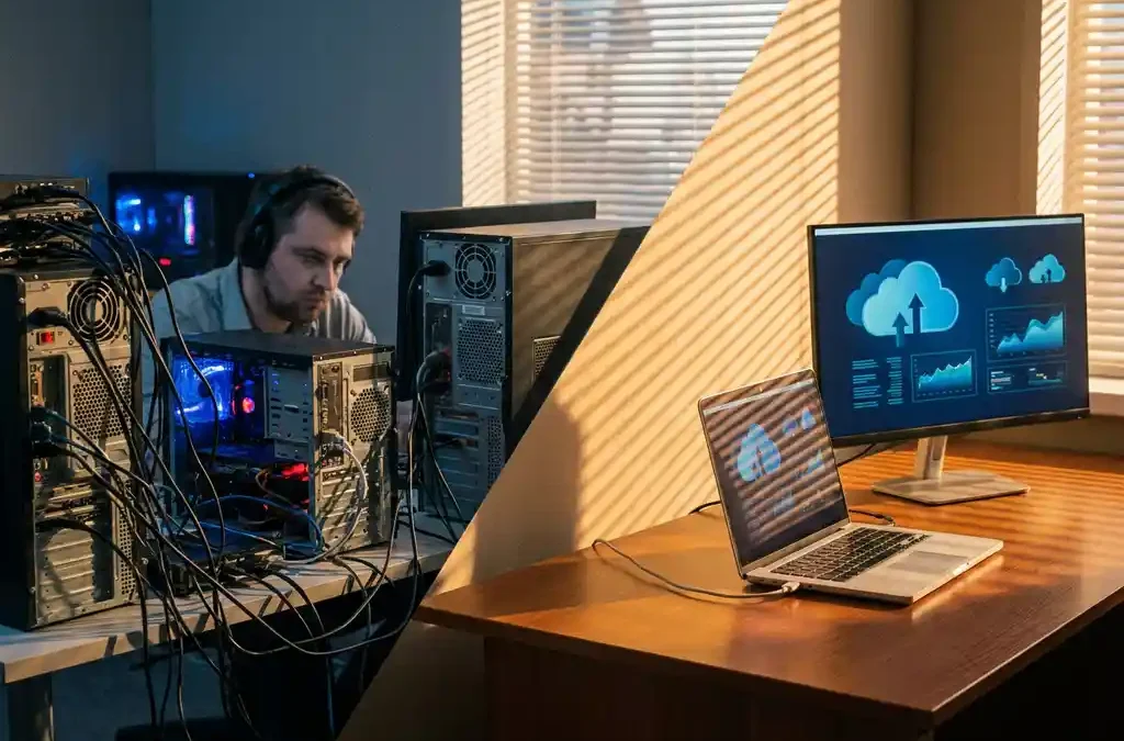 Kantoormedewerker aan bureau met verwarde servercabels en computertorens links, laptop met cloudscherm rechts, gouden licht door jaloezieën