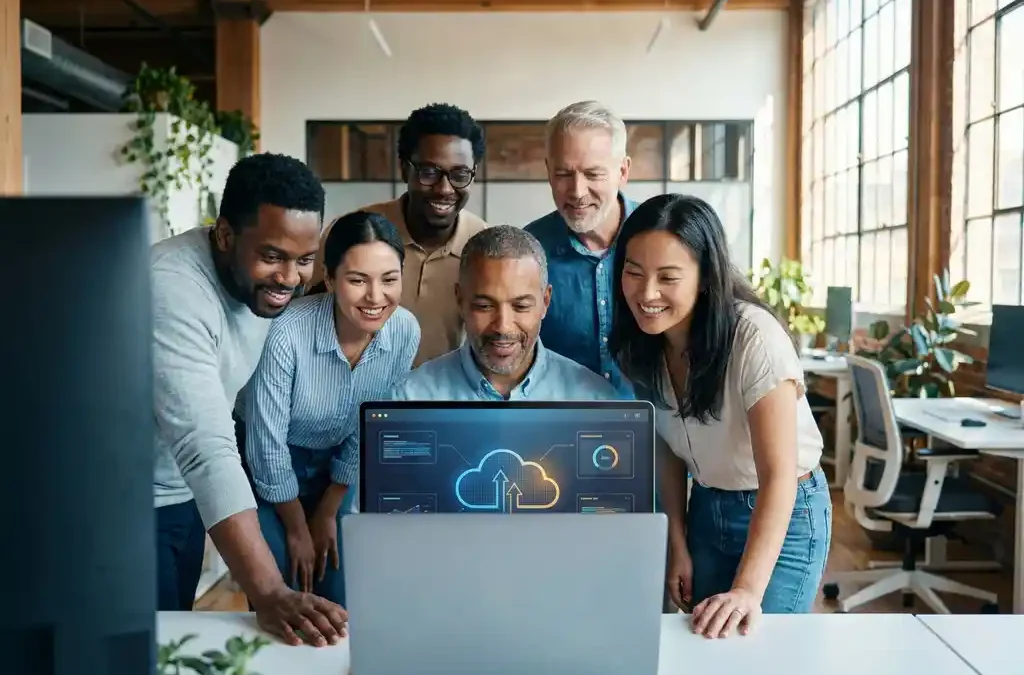 Diverse kantoormedewerkers bekijken samen een laptop met cloud-interface in moderne werkruimte met natuurlijk licht