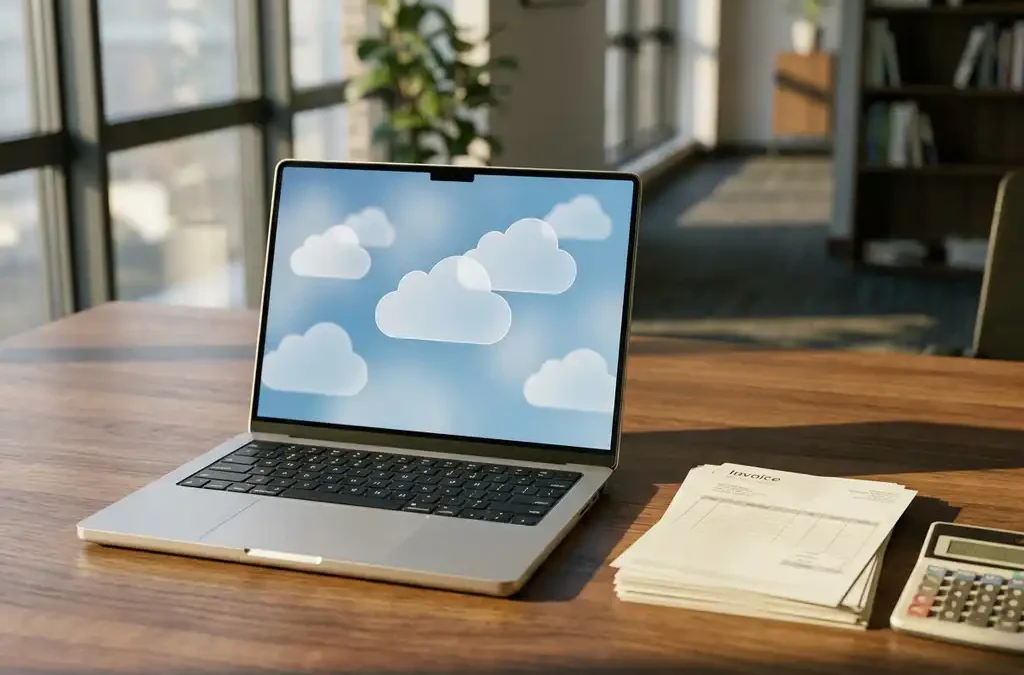 Laptop met zwevende wolkpictogrammen op houten bureau naast facturen en rekenmachine in kantoor met natuurlijk licht