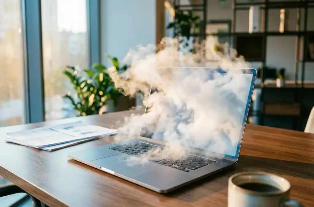 Laptop lost op in witte wolken op houten bureau met documenten en koffiekop in modern kantoor met natuurlijk licht