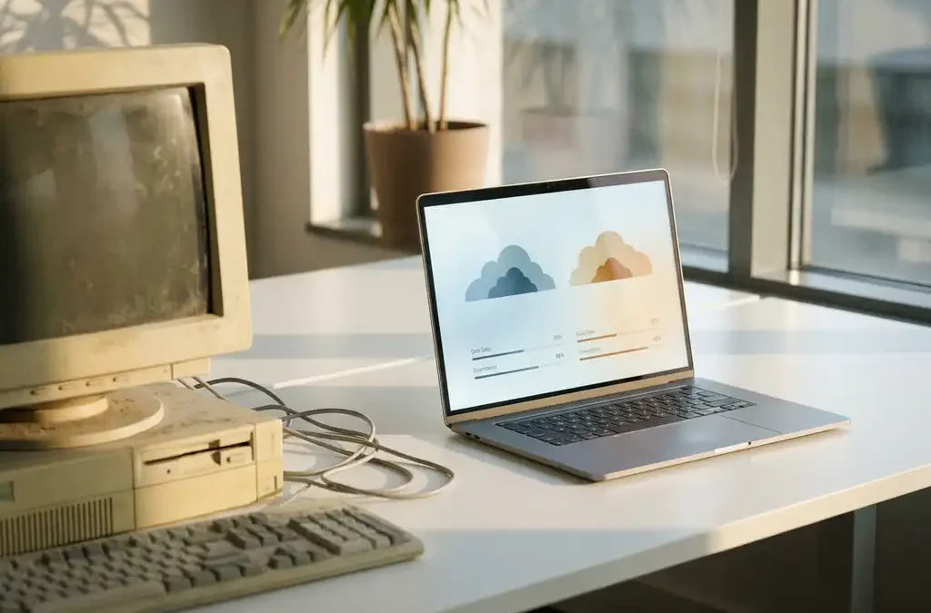 Moderne laptop met cloud dashboard naast vintage desktop computer op wit bureau, natuurlijk licht toont contrast tussen oude en nieuwe technologie