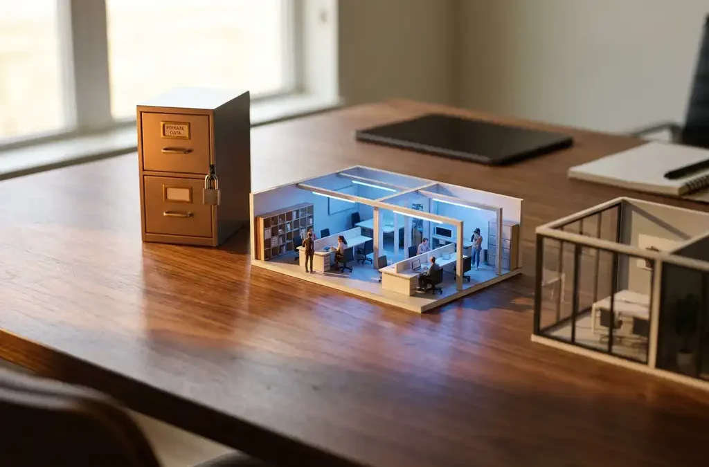 Moderne kantoorbureau met drie cloudmodellen: vergrendelde archiefkast, open werkruimte en glazen kantoorstructuur op walnotenhout