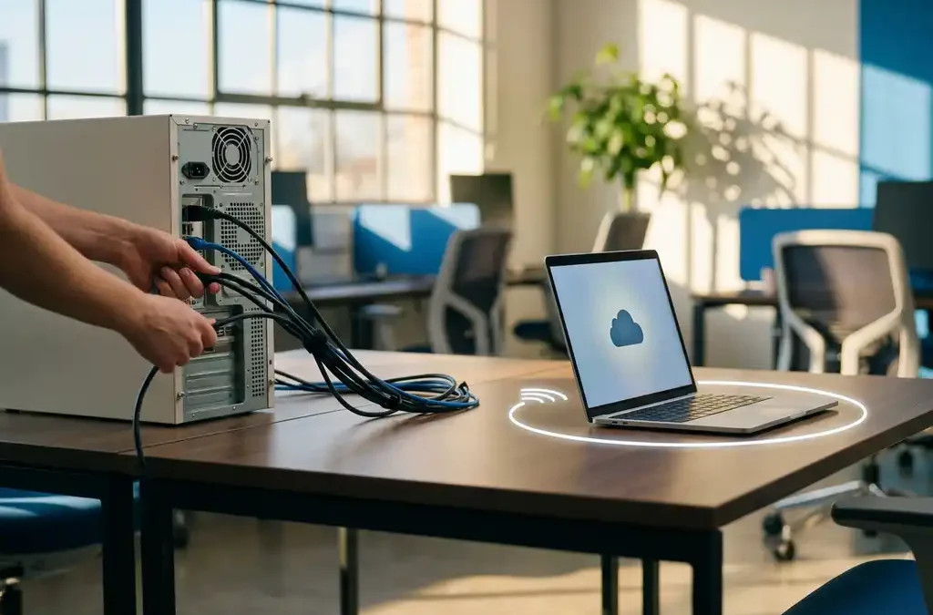 Moderne kantoorwerkplek met desktop computer die wordt vervangen door draadloze laptop, ethernetkabels wijken voor cloudconnectiviteit in zonlicht