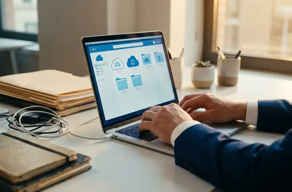 Zakenman typt op laptop met cloud storage iconen in minimalistische werkruimte met natuurlijk licht