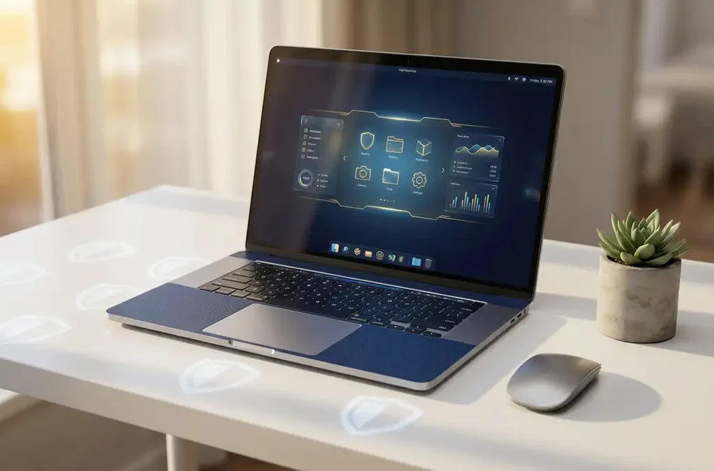 Moderne laptop met virtuele desktop op wit bureau met digitaal schild patroon, vetplant en draadloze muis