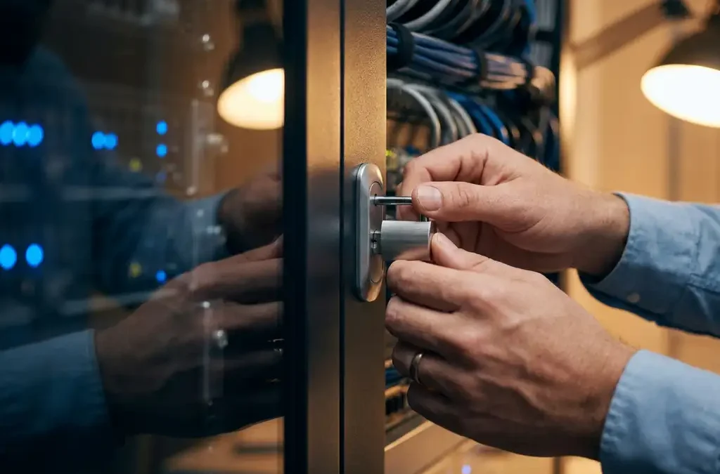 IT-specialist past zilveren hangslot aan op zwarte serverrack met georganiseerde kabels en blauwe LED-verlichting