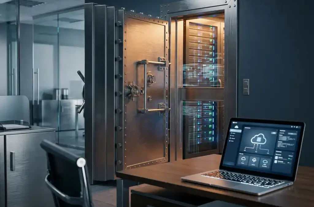 Stalen kluisdeur op een kier in modern kantoor met gloeiende serverracks en drijvende datastromen, laptop toont cloudverbindingen