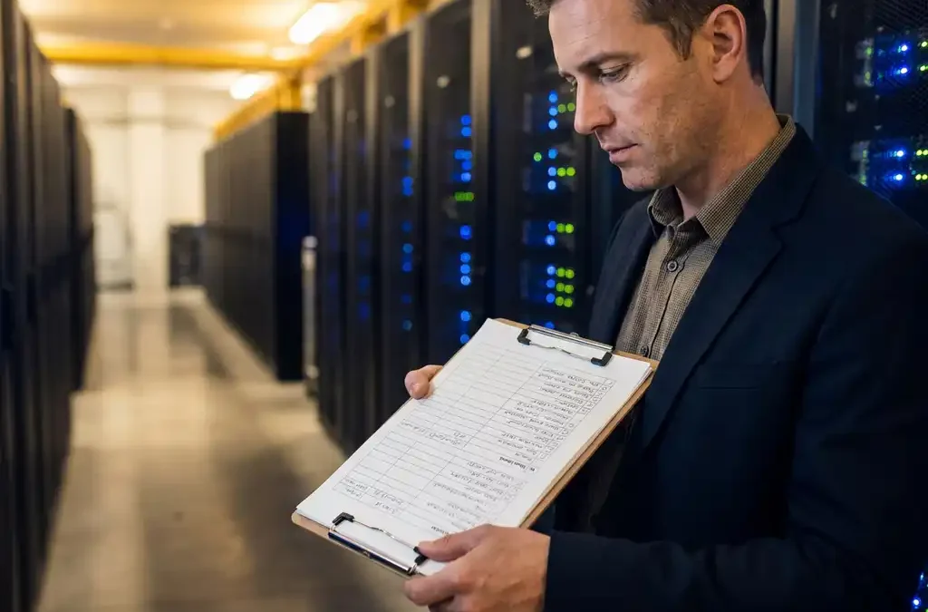 Zakelijke professional bekijkt checklist op klembord in moderne serverruimte met rijen blinkende servers op achtergrond