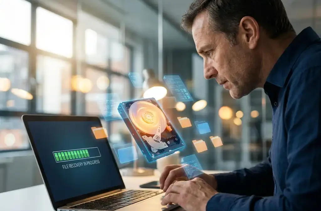 IT-professional onderzoekt zwevende harde schijf boven laptop met datarecovery-voortgang, omringd door herstellende bestandsfragmenten in modern kantoor