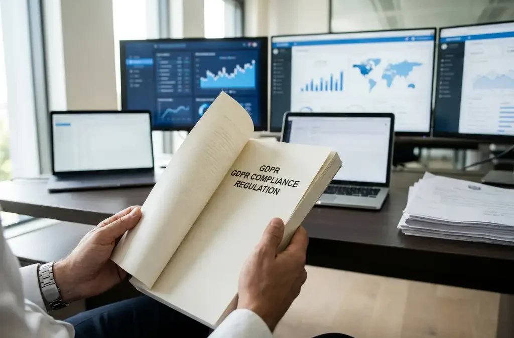 IT-consultant bestudeert GDPR-nalevingsdocumenten aan bureau met beveiligingsdashboards op meerdere monitoren op achtergrond