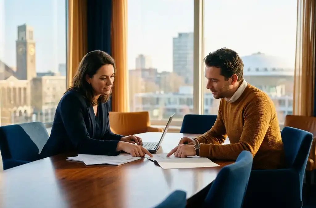 Bedrijfsmanager en ICT-consultant bespreken documenten aan conferentietafel in modern kantoor met uitzicht op Eindhoven