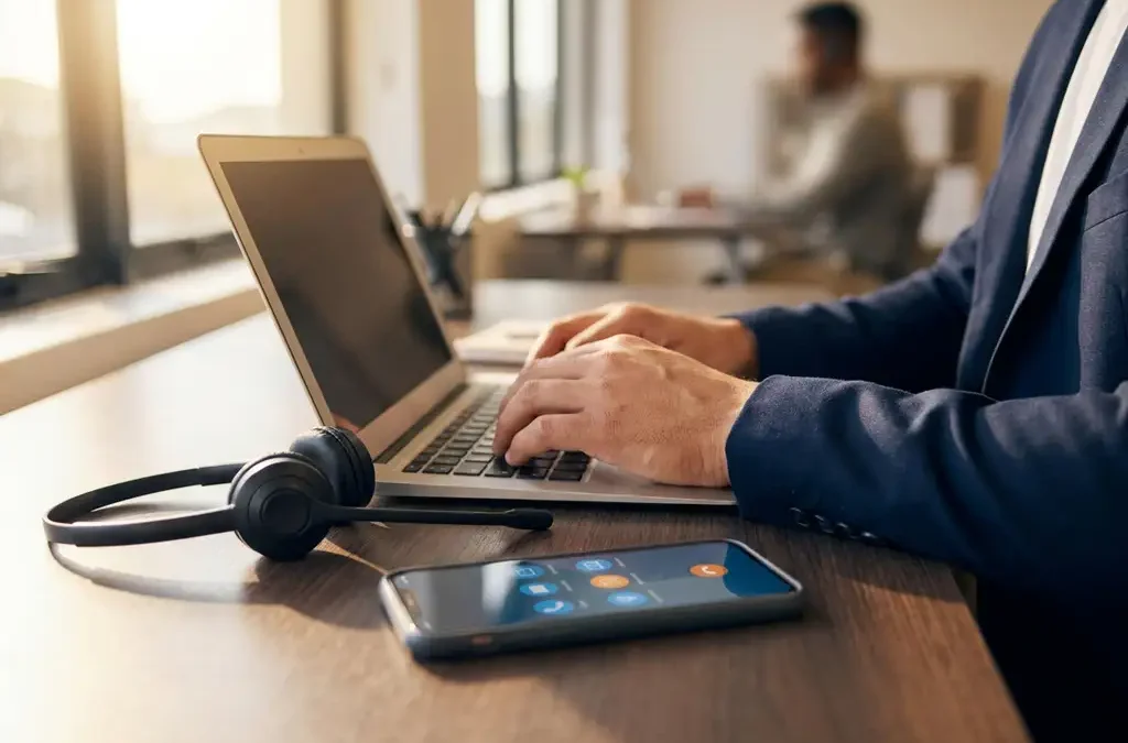 Smartphone met communicatie-apps op bureau naast draadloze headset en laptop in professioneel kantoor