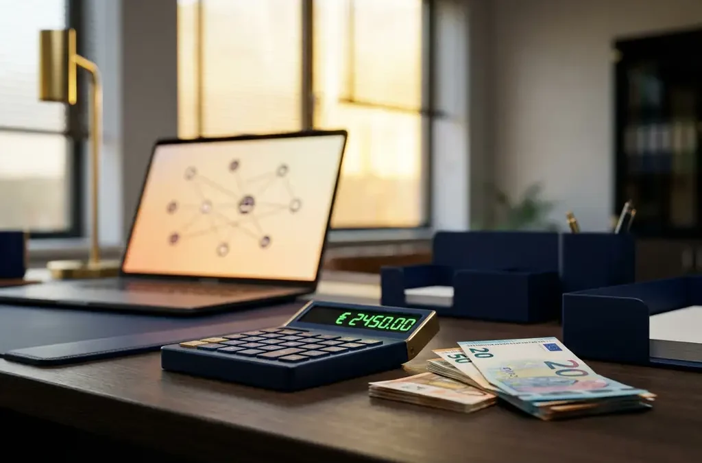 Calculator met maandelijkse kosten op bureau naast eurobankbiljetten en laptop met netwerkdiagrammen in moderne kantooromgeving