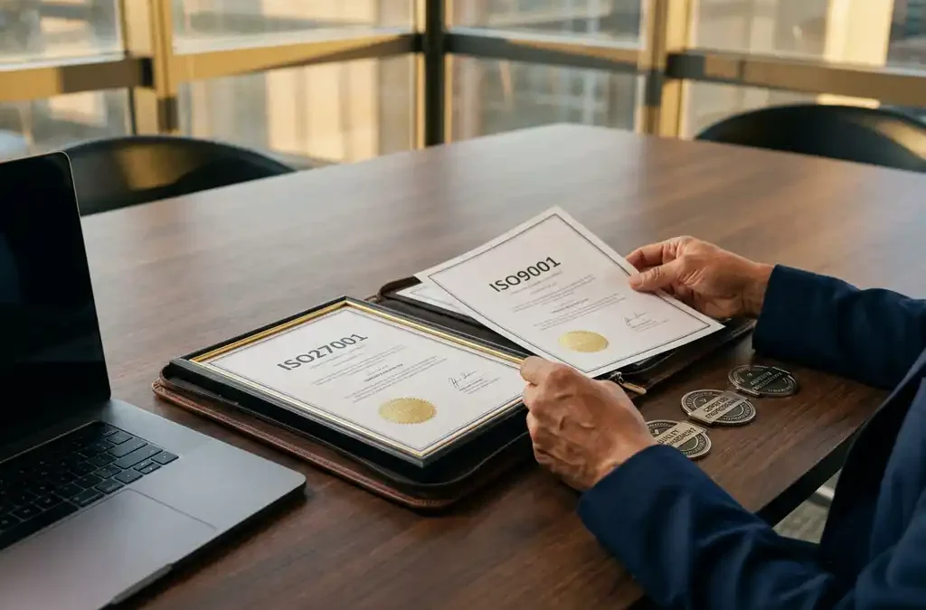 ISO27001 en ISO9001 certificaten met gouden zegels op donkere houten conferentietafel, handen bekijken documenten bij warm kantoorlicht
