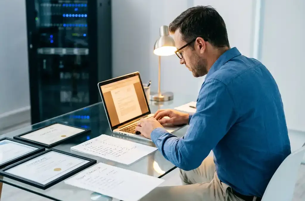 IT-consultant bekijkt compliance documenten op laptop aan glazen bureau met beveiligingscertificaten en serverrek op achtergrond