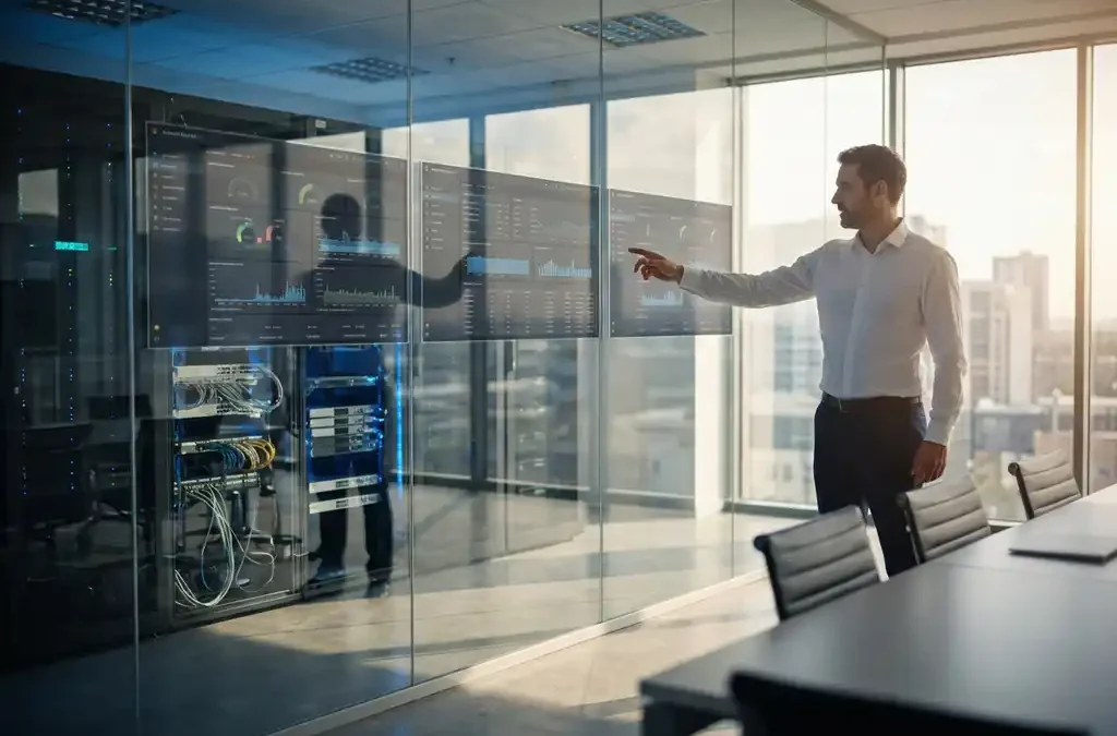 IT-consultant wijst naar monitoringdashboards in glazen vergaderruimte met zichtbare serverracks en netwerkapparatuur