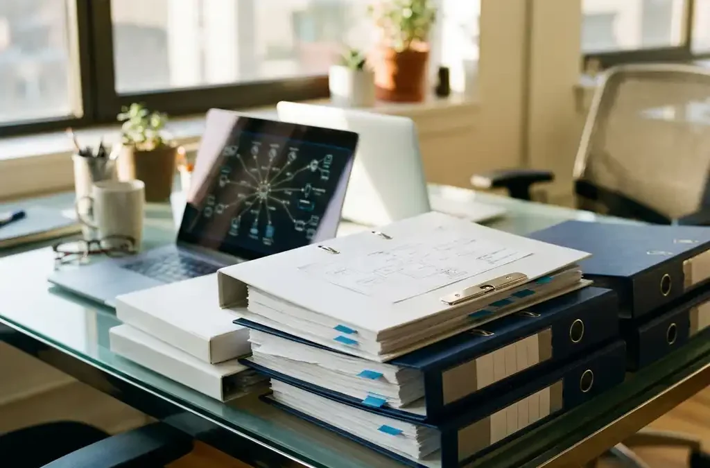 Stapel professionele IT-documentatiemappen op glazen bureau met laptop die netwerktopologie toont op achtergrond