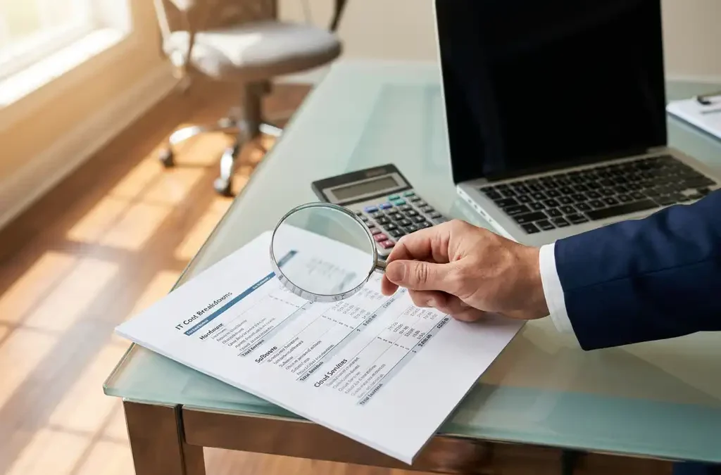 Zakenman houdt vergrootglas boven gedetailleerde financiële spreadsheet met IT-kostenanalyse op glazen bureau met laptop