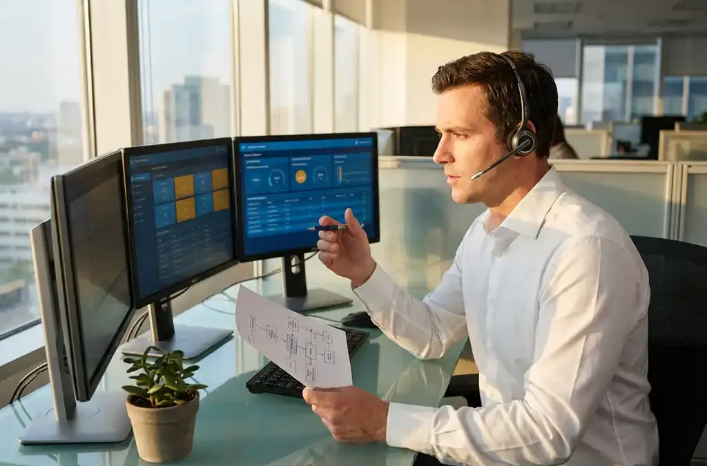 IT-manager in wit overhemd bestudeert escalatieschema aan glazen bureau met headset, omringd door monitoren met systeemdata