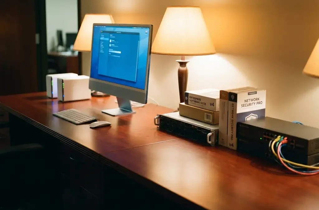 Modern zakelijk bureau met georganiseerde all-in-one computer en draadloze apparatuur tegenover selectieve IT-componenten en serveruitrusting