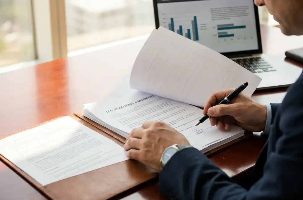 Zakenman bekijkt IT-outsourcing contract op mahonie bureau met laptop en vulpen, warme kantoorverlichting