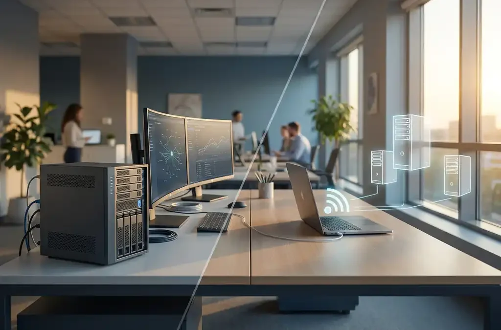 Modern kantoorbureau met interne IT-apparatuur en laptop die draadloos verbindt met cloud servers, warme verlichting