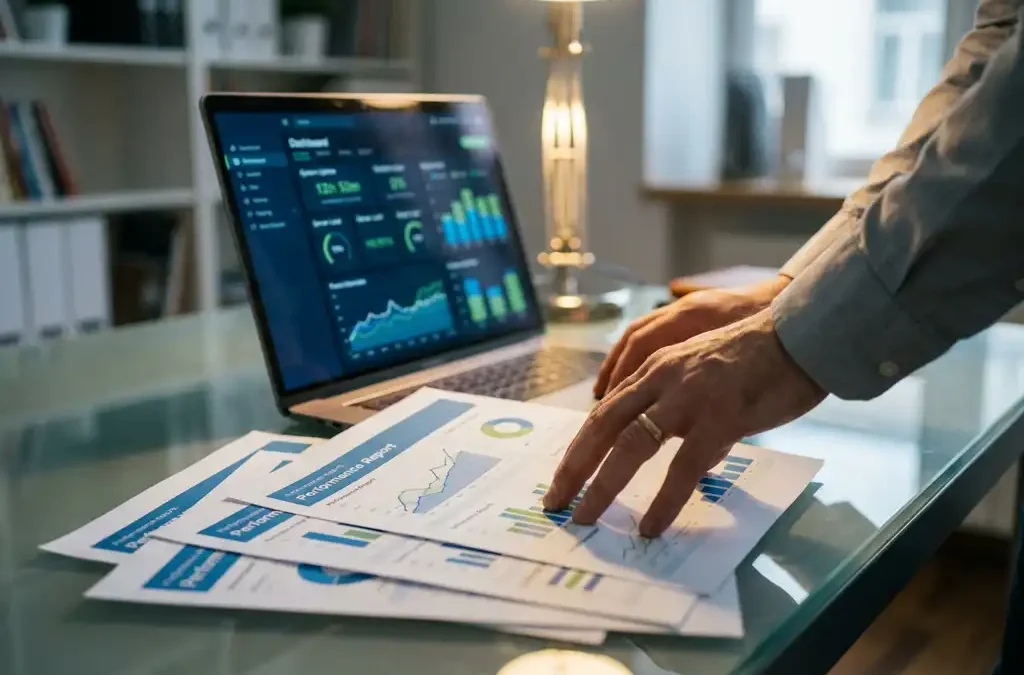 IT-prestatierapporten met kleurrijke grafieken en diagrammen op glazen bureau, laptop toont dashboard analytics op achtergrond