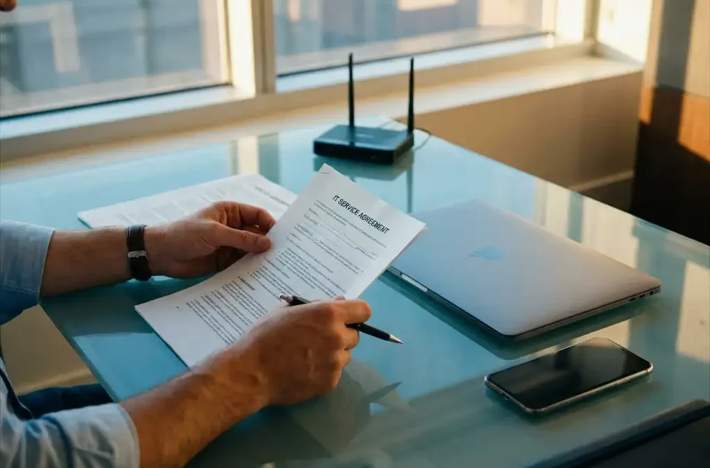 Bedrijfseigenaar bekijkt IT-servicecontract aan glazen bureau met laptop, smartphone en router in modern kantoor