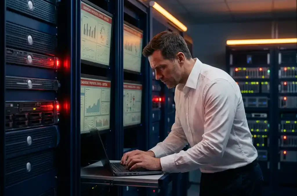 IT-technicus typt urgent op laptop in serverruimte met rode waarschuwingslichten en donkerblauwe serverkasten