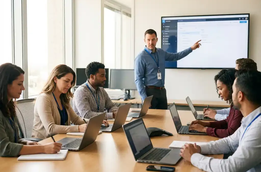 IT-trainer geeft praktische computertraining aan werknemers rond laptops in moderne kantoor vergaderruimte