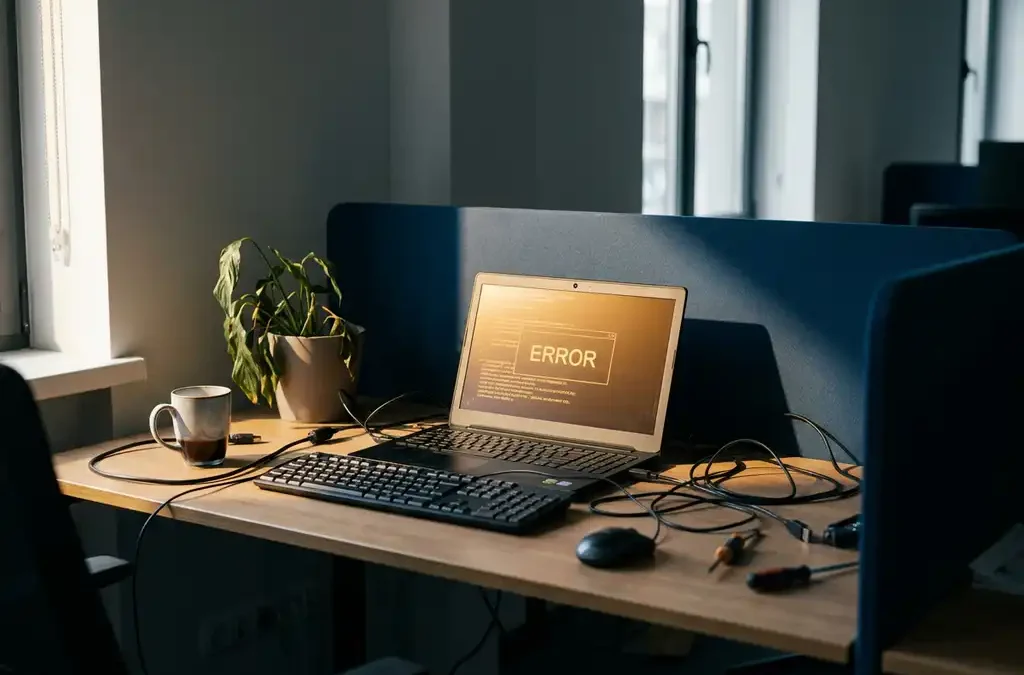 Verlaten kantoorbureau met open laptop vol foutmeldingen, losgekoppelde IT-kabels, verwelkte plant en koude koffie