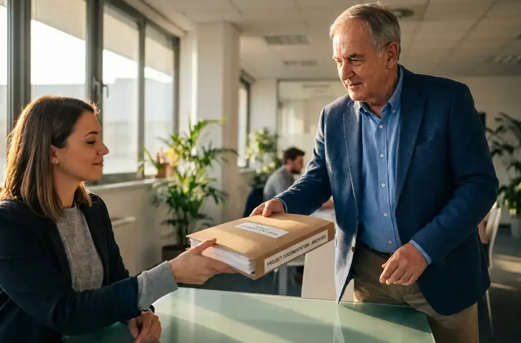Senior IT-professional overhandigt technische documentatiemap aan jongere collega aan glazen vergadertafel in modern kantoor