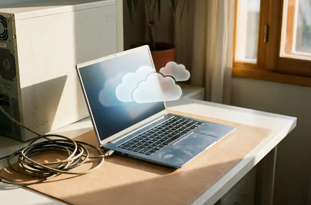 Moderne laptop met zwevende cloud-iconen naast oudere desktop computer op wit bureau met warm zonlicht