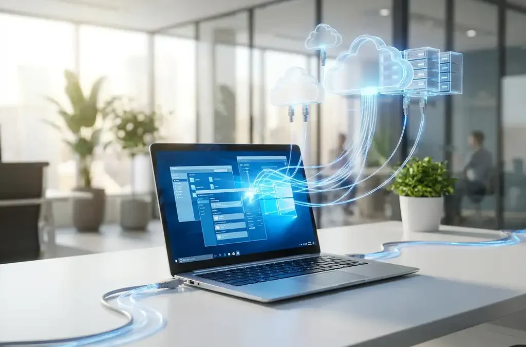 Moderne laptop met meerdere applicaties verbonden door datastromen naar zwevende cloudservers op wit bureau in kantoor