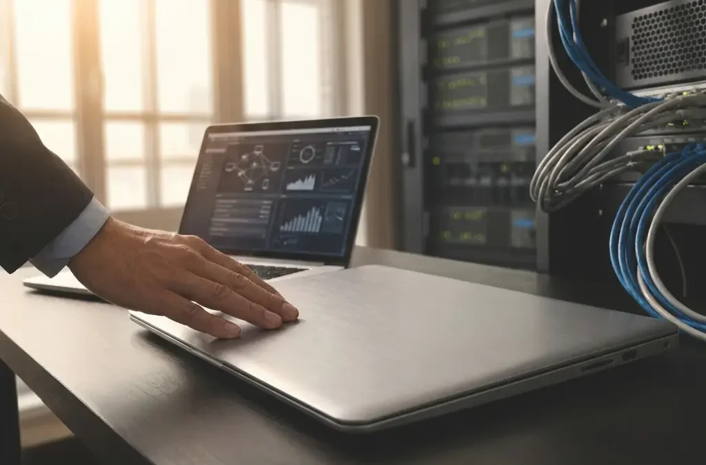 Zakenman reikt naar zilveren laptop op modern bureau met netwerkapparatuur en kabels op achtergrond