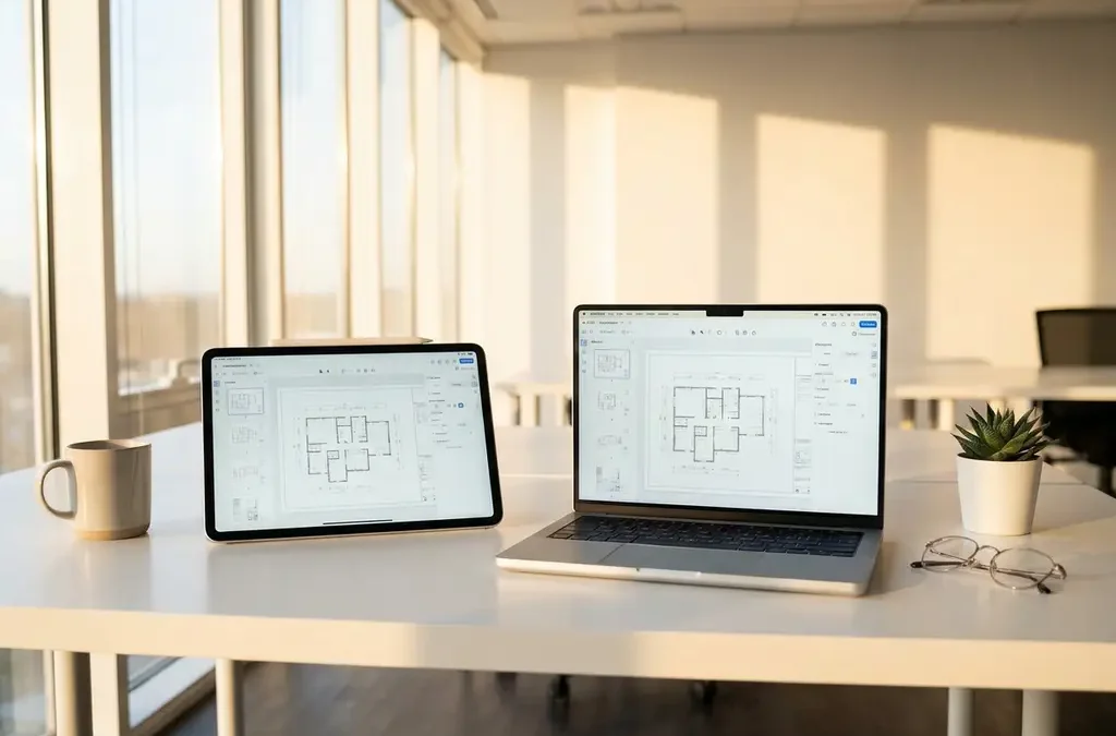 Moderne laptop en tablet met gesynchroniseerde documenten op wit bureau in helder kantoor met natuurlijk licht