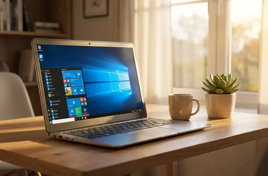 Moderne laptop met virtuele desktop interface op houten bureau in licht thuiskantoor met koffiekop en vetplant