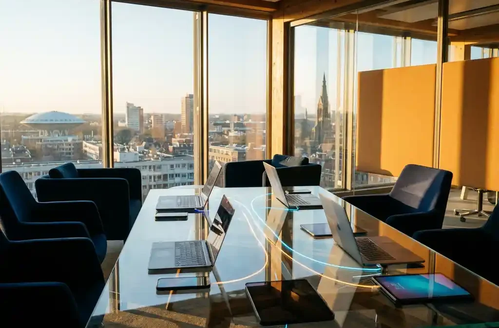 Moderne laptops, tablets en smartphones op glazen vergadertafel met lichtsporen, Eindhovense skyline op achtergrond