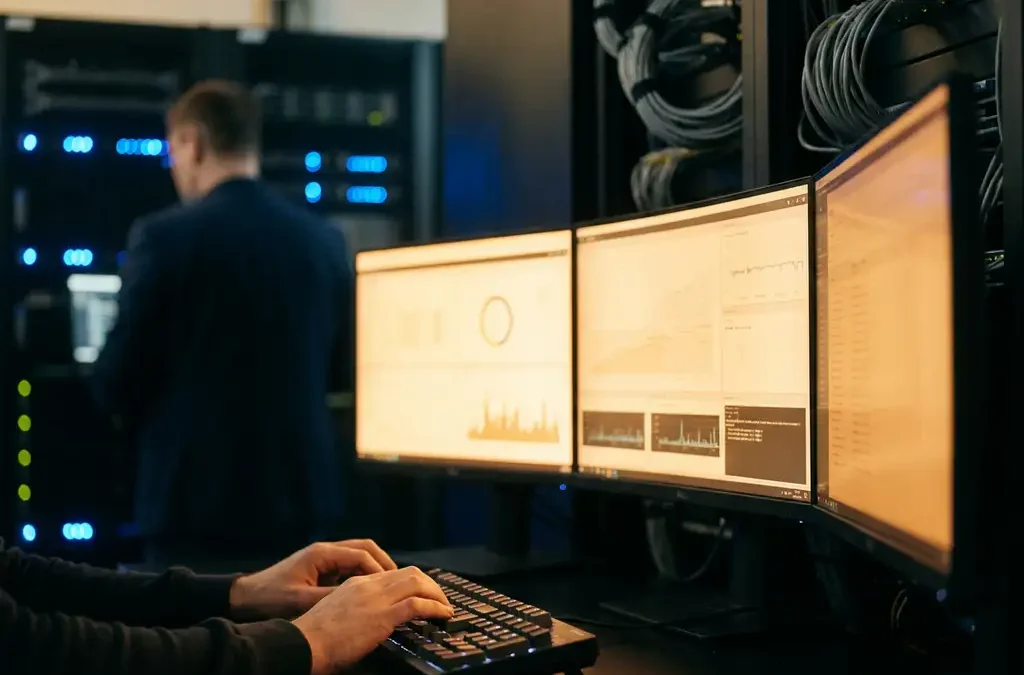 IT-technicus typt op mechanisch toetsenbord voor gebogen monitorschermen met dashboard in donkere serverruimte
