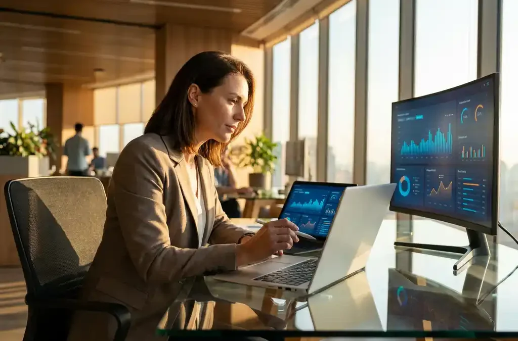 Zakelijke manager analyseert prestatiegrafieken op laptop in modern kantoor met natuurlijk licht